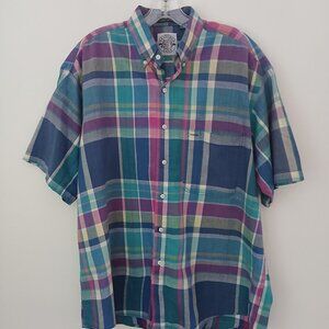 Gant Salty Dog Blues & Greens  Plaid 100% Cotton Button Up Short Sleeve Sz L
